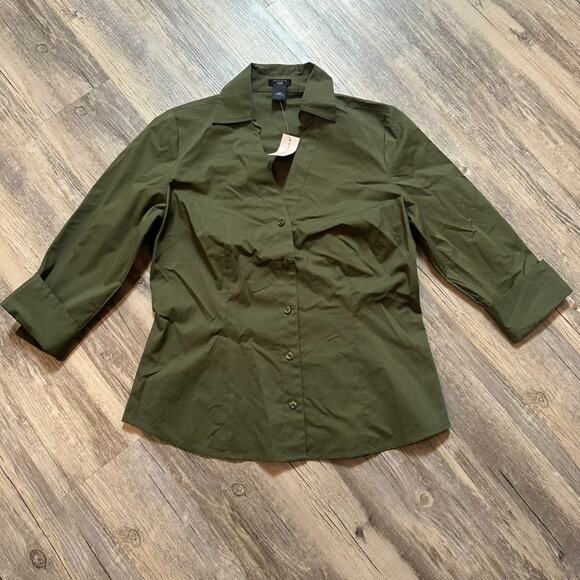Ann Taylor Petite Blouse Button-Up Green Cuffed Sleeves V-neck Size 10P - Picture 1 of 6